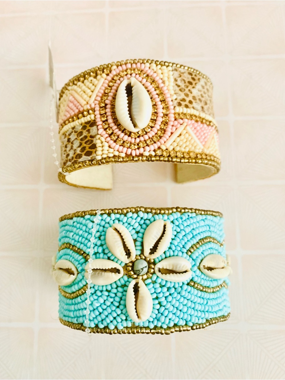 CHARLIE PAIGE Pink & Turquoise Boho Beaded Shell Cuff Bracelet Duo Cruise Wear
